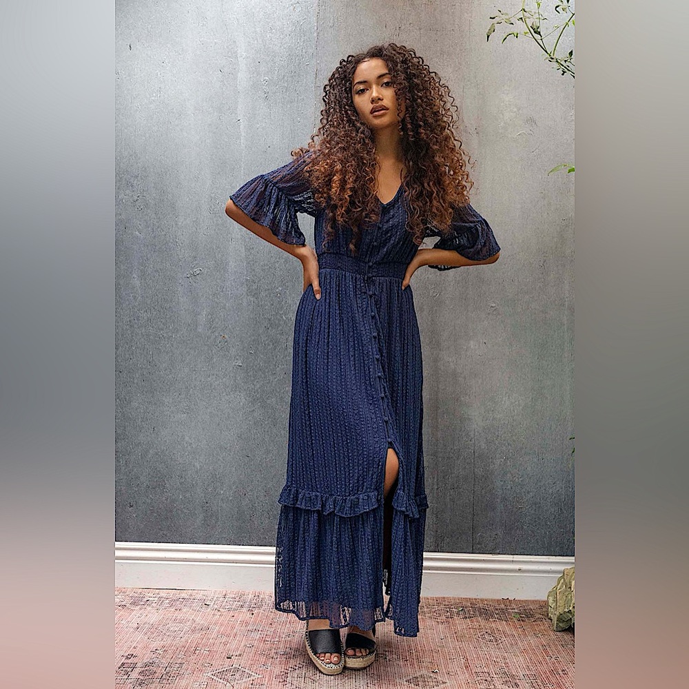 🪁Jun Ivy Lace Button Front Maxi Dress in Navy Blue, Size M, NWT✨